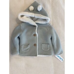Carters Baby Gray Knit Hooded Cardigan Sweater Pom Pom Pockets‎ New 9M